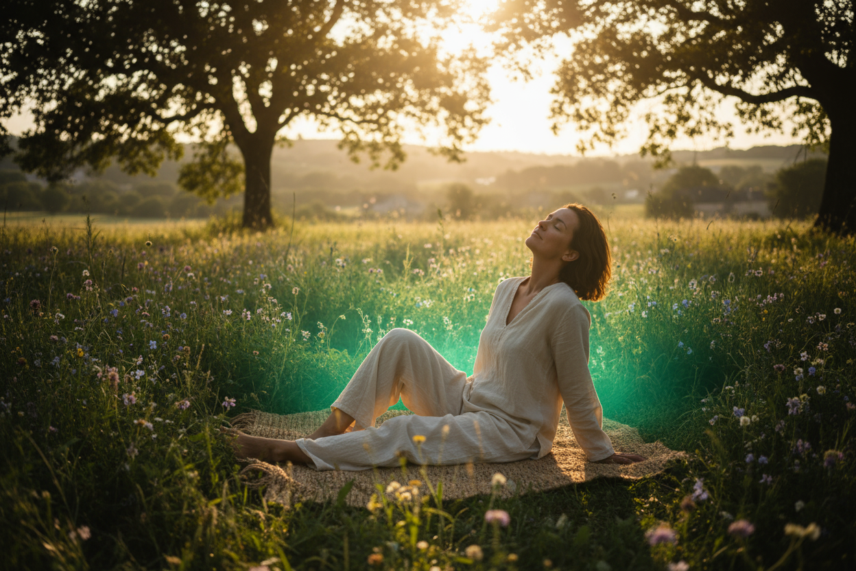 realistic artistic scene representing deep relaxation and calm — a person sitting outdoors in soft morning sunlight, relaxed posture, calm breathing, surrounded by nature and green light glow symbolizing natural balance, warm golden tones, cinematic lighting, no text, no logos, no cannabis leaves, peaceful French countryside vibe, handcrafted wellness aesthetic, 8k, shallow depth of field
